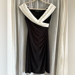 Lauren Ralph Lauren Black & White Off-Shoulder Cocktail Dress Ruched size 4
